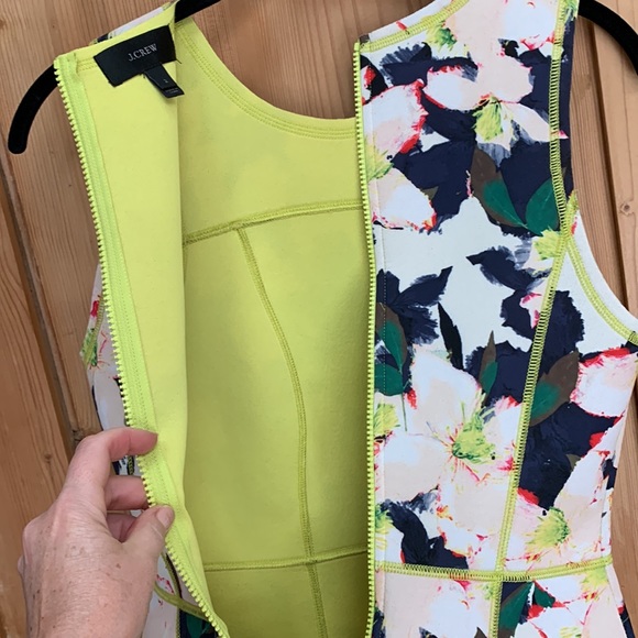 J Crew Neon Lime Acid 🥝 Green Trim Flower Floral Scuba Dress Blue Pink Ivory 🌴 - Picture 13 of 16